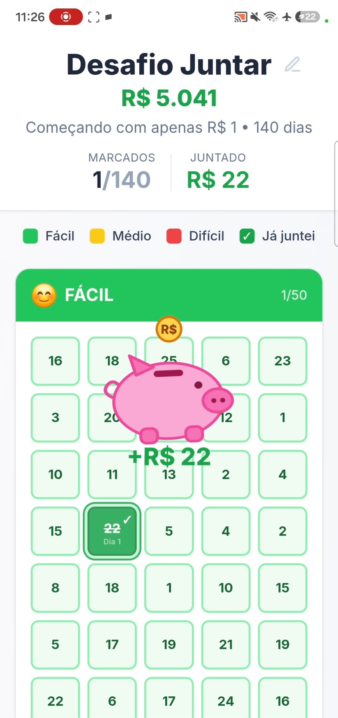 Tela do aplicativo Bora Juntar com a grade de valores e o progresso do desafio